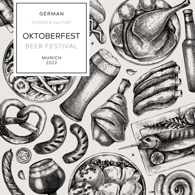 Oktoberfest square flyer template. German food and drinks menu design in sketched style. Vector meat dishes sketches. German cuisine banner. Beer festival illustration. Oktoberfest background